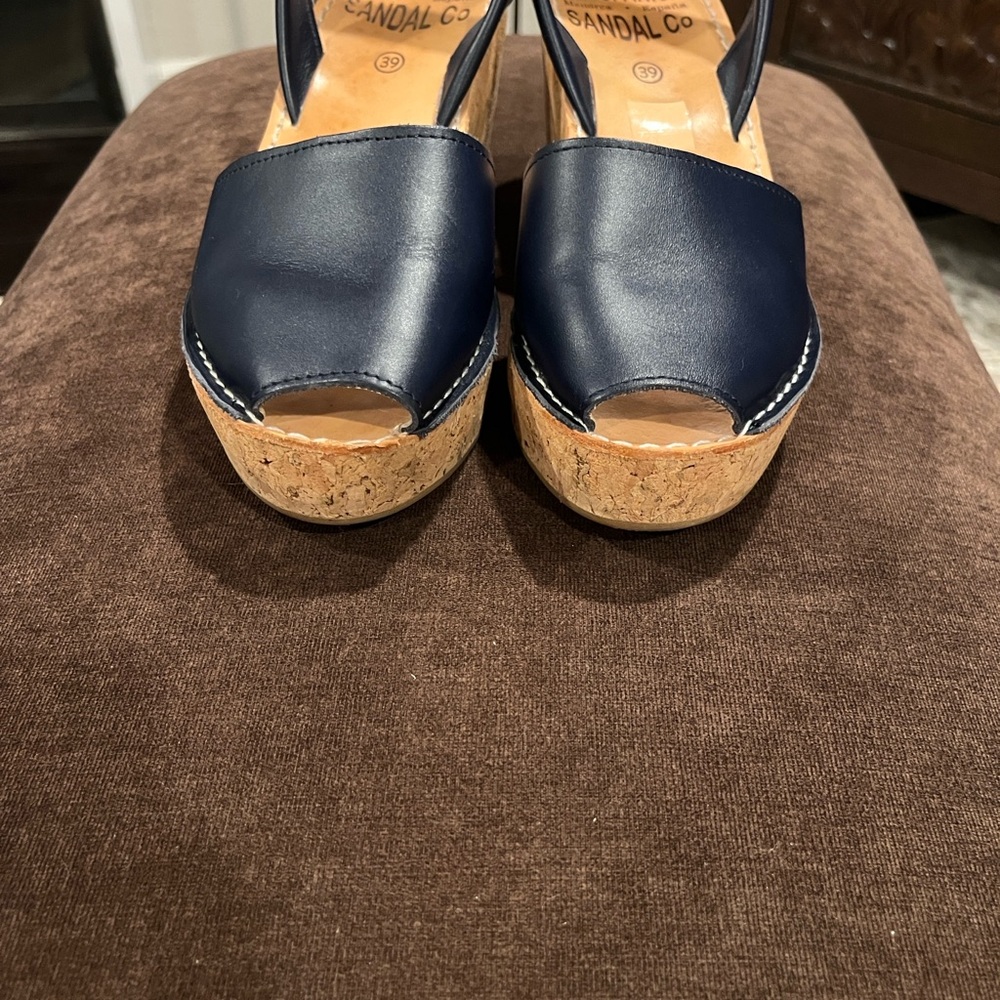 The Spanish Sandal Co. Women’s Leather Cork Wedges Size 39 Navy - Picture 4 of 14